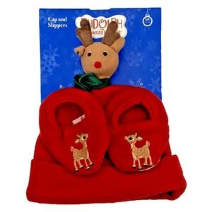 RUDOLPH THE RED-NOSED REINDEER Cap & Slippers Baby 12.5-17 Lbs. Small 3-9 Months